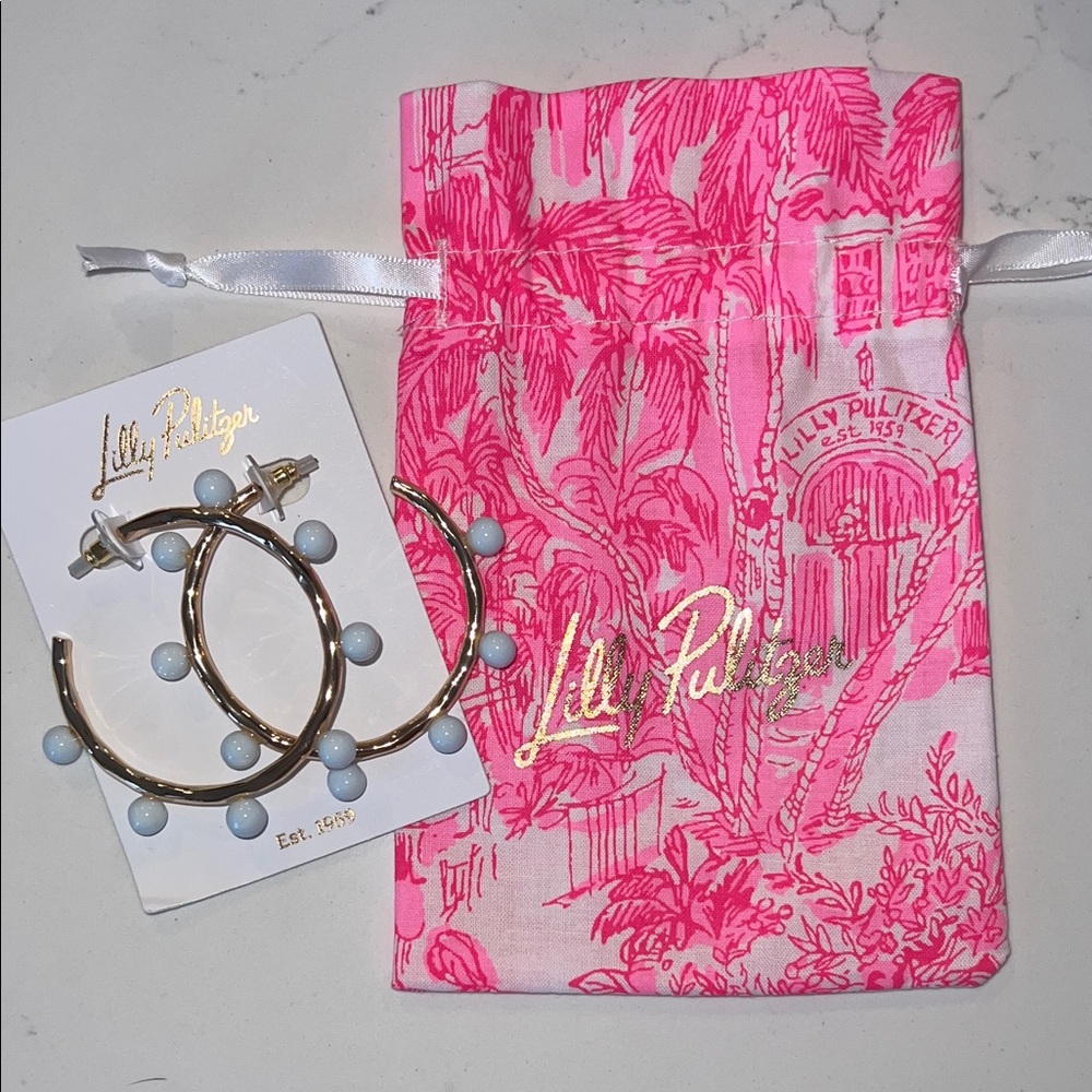 Lilly Pulitzer Gold and Light Blue Hoop Earrings